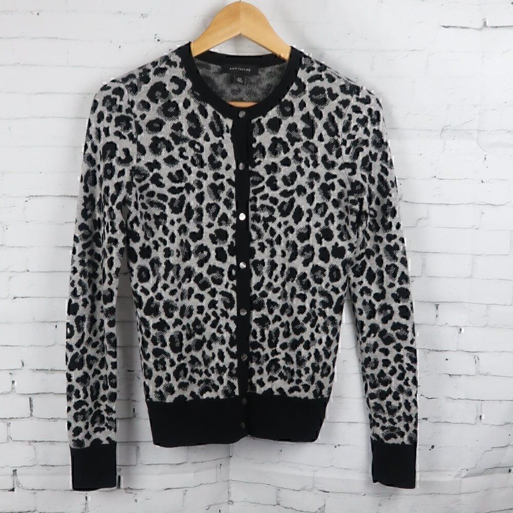 Ann Taylor Black and Gray Leopard Print Cardigan